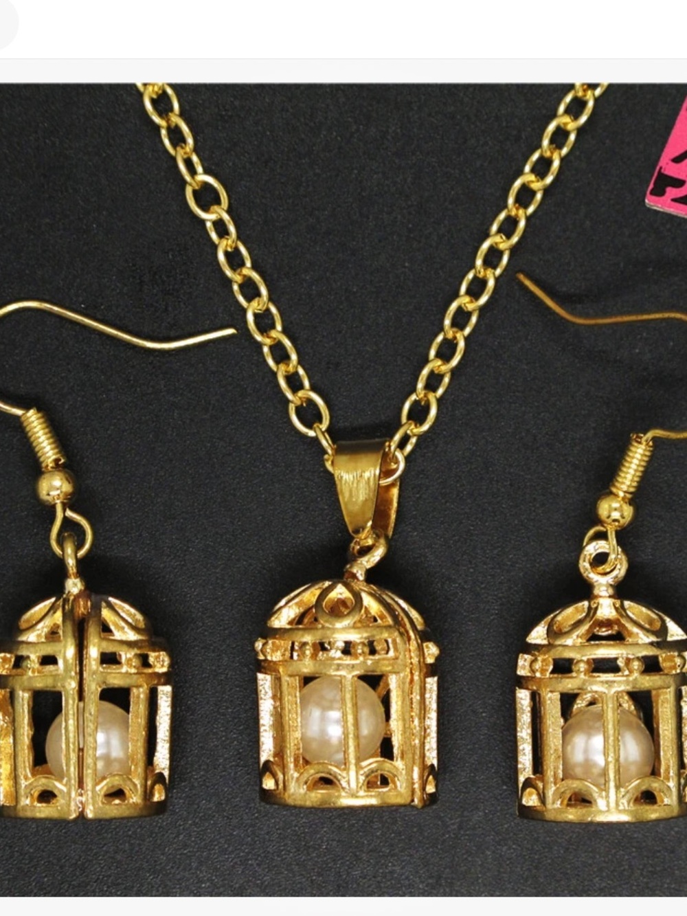 Betsey Johnson Golden pearl Birdcage Pendant Necklace and Earrings Set NEW
